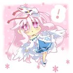  1girl :&lt; angel_wings blue_skirt chibi dress expressionless face_mask fox_mask gradient gradient_background hata_no_kokoro highres layered_dress long_hair long_sleeves mask milkpanda outstretched_arms pink_background pink_eyes pink_hair skirt solo spoken_exclamation_mark touhou white_dress wide_sleeves wings 