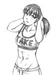  abs adjusting_hair clothes_writing greyscale ishido_natsuo midriff mixed_martial_arts monochrome monorus navel shorts solo sports_bra teppuu 