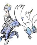  ankle_wings armor bare_shoulders crossover crown drawfag dress elbow_gloves faulds feathers gen_5_pokemon gloves grey_eyes gwendolyn hair_feathers high_heels highres odin_sphere pokemon pokemon_(creature) short_hair silver_hair strapless strapless_dress swanna 