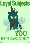  absurd_res changeling english_text fangs female feral friendship_is_magic green_background green_eyes green_hair green_theme hair hi_res holes horn jowybean long_hair looking_at_viewer my_little_pony plain_background poster queen_chrysalis_(mlp) sharp_teeth solo teeth text wings 