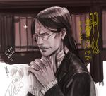  2boys black_hair book eren_yeager father_and_son glasses grisha_yeager long_hair monochrome multiple_boys serious shingeki_no_kyojin 