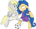  2013 blonde_hair blue_hair clothing derpy_hooves_(mlp) duo equine female feral football freckles friendship_is_magic fur grey_fur hair horse kick mammal milky_way_(character) my_little_pony pain pegasus pony scrunchy_face soccer soccer_ball sweat teats wings yellow_fur 