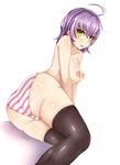 :p ahoge ass black_legwear blush breasts enki_(dragonfire) green_eyes highres large_breasts lying nipples on_side original panties plump purple_hair shiny shiny_skin short_hair skindentation solo striped striped_panties thighhighs tongue tongue_out topless underwear underwear_only v_arms 