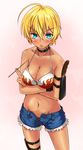  ahoge ameyoshi arm_strap bare_shoulders bikini_top black_panties blonde_hair blue_eyes blush breasts choker cleavage collarbone crossed_arms cutoffs dark_skin denim denim_shorts groin highres knife large_breasts lips looking_at_viewer mito_ikumi navel open_fly panties shokugeki_no_souma short_hair short_shorts shorts solo standing thigh_strap underwear unzipped 