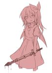  bad_id bad_pixiv_id blood bow daiyousei kuromame_(8gou) long_hair looking_at_viewer monochrome side_ponytail simple_background sketch smile solo sword touhou weapon white_background yandere 
