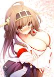  ahoge bare_shoulders blush breast_hold breasts brown_eyes brown_hair cleavage crossed_arms detached_sleeves hairband japanese_clothes kantai_collection kongou_(kantai_collection) kurikara large_breasts long_hair looking_at_viewer petals ribbon-trimmed_sleeves ribbon_trim skirt solo 