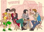  5boys backpack bag black_hair boots brown_hair chair chin_rest copyright_name daimon_rinko doughnut doughnut_shop_manager folding_chair food fuu_(fukino10u) jacket jewelry kamen_rider kamen_rider_wizard_(series) mayonnaise multicolored_hair multiple_boys napkin nara_shunpei nitou_kousuke open_mouth ring ryuu_(kamen_rider_wizard) shoes sitting smile sneakers souma_haruto 