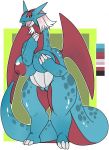  anthro big_breasts breasts claws demonnyuu digital_media_(artwork) dragon female full-length_portrait hair long_neck long_tail multicolored_hair nintendo nipples non-mammal_breasts nude open_mouth pok&eacute;mon pok&eacute;mon_(species) portrait pussy red_hair salamence scalie simple_background solo standing teeth tongue two_tone_hair video_games white_hair wings 