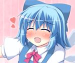  :d blue_dress blue_hair bow cirno closed_eyes dress fang hair_bow heart ice ice_wings masiromu open_mouth pink_background shirt short_sleeves smile solo striped striped_background touhou upper_body wings 