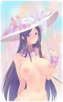  absurdres arm_behind_back bad_id bad_pixiv_id breasts flower hat hat_ribbon highres large_breasts lei light_smile long_hair looking_at_viewer navel nipples nude original out-of-frame_censoring purple_eyes purple_hair ribbon solo sun_hat ueda_torini very_long_hair 