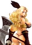  absurdres amazon_(dragon's_crown) armlet armor ass axe back bad_id bad_pixiv_id bikini_armor blonde_hair breasts circlet dragon's_crown feathers gloves highres large_breasts long_hair looking_at_viewer muscle muscular_female purple_eyes shin_psalm simple_background solo standing thick_thighs thighs weapon white_background 