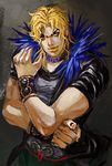  blonde_hair bracelet collar dio_brando freer fur_trim jacket jewelry jojo_no_kimyou_na_bouken lipstick makeup male_focus red_eyes solo 