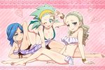  anklet barefoot bikini blue_eyes blue_hair blush bracelet breasts cleavage crossover green_eyes green_hair guel hairband heart inazuma_eleven inazuma_eleven_(series) inazuma_eleven_go inazuma_eleven_go_chrono_stone jewelry large_breasts long_hair maron_(quintet_colors) multiple_girls navel no_pupils one_eye_closed smile_(inazuma_eleven) swimsuit tongue twintails urubida v 