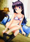  animal_ears bed black_hair blue_eyes blush bow bow_bra bra cat_ears cat_tail crotch_seam edogawakid feet gokou_ruri highres long_hair mole mole_under_eye ore_no_imouto_ga_konna_ni_kawaii_wake_ga_nai panties pantyhose pantyhose_pull smile tail toes underwear underwear_only undressing 