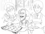  2boys apron baking character_request cookie cookie_clicker factory farm food grandma_(cookie_clicker) greyscale highres monochrome multiple_boys niku-name rocket sketch 