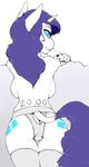  anthrofied big_breasts blue_eyes breasts butt clothed clothing curly_hair cutie_mark equine female friendship_is_magic fur hair horn legwear looking_at_viewer looking_back lying mammal my_little_pony on_stomach panties purple_hair rarity_(mlp) side_boob skimpy smile solo stockings topless underwear unicorn voxix white_fur 