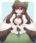  blush bow breasts brown_eyes brown_hair cape cleavage commentary hair_bow hammer_(sunset_beach) large_breasts long_hair looking_at_viewer reiuji_utsuho short_sleeves solo touhou undersized_clothes wings 