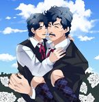  argyle_socks blue_hair child facial_hair father_and_son flower george_joestar highres jojo_no_kimyou_na_bouken jonathan_joestar kyykttk multiple_boys mustache phantom_blood rose white_flower white_rose younger 