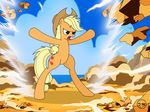 angry applejack_(mlp) aura blonde_hair cloud clouds cowboy_hat cutie_mark day dragon_ball dragon_ball_z earth_pony equine female feral freckles friendship_is_magic green_eyes hair hat hi_res horse mammal my_little_pony open_mouth orange_body outside parody pony rock sky solo toxic-mario 
