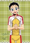  1boy :d bike_jersey bike_shorts black_hair blue_eyes blush dated glasses hands_clasped hands_together male male_focus onoda_sakamichi open_mouth plaid plaid_background sakamichi_onoda short_hair simple_background smile solo thigh_gap wide-eyed yowamushi_pedal 