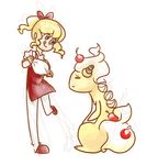  :&lt; :q =_= ampharos apron baker_(pokemon) blonde_hair blue_eyes cherry eeveelution_project food fruit gen_2_pokemon hair_ribbon himura_hotaru leg_up loony_bear mega_pokemon original pokemon pokemon_(creature) pokemon_(game) pokemon_xy ponytail ribbon simple_background sketch standing tongue tongue_out whipped_cream white_background 