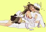  1girl admiral_(kantai_collection) bad_id bad_pixiv_id bare_shoulders blush brown_hair closed_eyes detached_sleeves fukagawa_(light-gigi18) gloves hairband headgear hug jewelry kantai_collection kongou_(kantai_collection) long_hair military military_uniform open_mouth ribbon-trimmed_sleeves ribbon_trim ring short_hair simple_background skirt smile thighhighs uniform wavy_mouth wide_sleeves yellow_background 