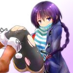  black_legwear blush boots braid character_request coat covered_mouth hair_ornament hair_ribbon hairclip highres long_hair looking_at_viewer pantyhose purple_eyes purple_hair ribbon rip-off_(manga) single_braid snow_boots solo sweater torn_clothes torn_legwear turtleneck watarui 