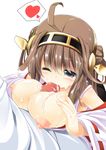  1girl admiral_(kantai_collection) ahoge blue_eyes breasts brown_hair censored cum cum_on_body cum_on_breasts cum_on_upper_body detached_sleeves dodome-iro_mayonnaise double_bun fellatio headgear heart hetero japanese_clothes kantai_collection kongou_(kantai_collection) large_breasts long_hair military military_uniform nipples nontraditional_miko one_eye_closed oral paizuri penis ribbon-trimmed_sleeves ribbon_trim spoken_heart uniform 
