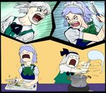  braid commentary cooking cutting cutting_board d: fire hairband izayoi_sakuya knife konpaku_youmu konpaku_youmu_(ghost) maid maid_headdress multiple_girls open_mouth purple_hair radifus spring_onion stirring touhou v-shaped_eyebrows white_hair 