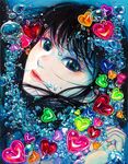  acrylic_paint_(medium) bad_id bad_pixiv_id black_eyes black_hair bubble colorful face heart lips original solo tatsumi_(serao) traditional_media underwater water 