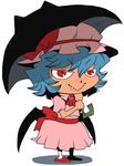  :&gt; animal_themed_umbrella bat_wings blue_hair fang hat onikobe_rin red_eyes remilia_scarlet ribbon short_hair solo touhou umbrella wings 