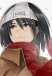  black_eyes black_hair briefs female_pervert jacket katoma male_underwear mikasa_ackerman object_on_head panties panties_on_head pervert red_scarf scarf shingeki_no_kyojin solo underwear white_background white_briefs 