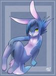  blue_hair green_eyes hair lagomorph looking_at_viewer mammal nude rabbit rudragon simple_background solo 