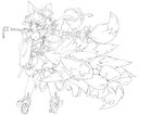  animal_ears ass bow calligraphy_brush fox_ears giant_brush greyscale lineart long_hair monochrome original paintbrush tail won_(toufunokado) 