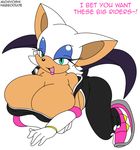  big_breasts blue_eyes breasts cleavage clothed clothing english_text female gloves habbodude huge_breasts lips mammal michiyoshi rouge_the_bat sega solo sonic_(series) text 