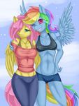  anthro anthrofied arms_behind_back blue_fur bra breasts clothed clothing cloud duo equine female fluttershy_(mlp) friendship_is_magic fur green_eyes hair hair_over_eye horse hug looking_at_viewer looking_away mammal misukitty multi-colored_hair my_little_pony navel off_shoulder one_eye_closed outside pants pegasus pink_hair pony rainbow_dash_(mlp) shirt shorts skimpy small_breasts smile spandex standing tank_top teeth tight_clothing underwear wings wink yellow_fur 