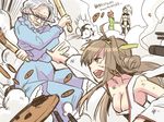  ahoge battle braid breasts brown_eyes brown_hair cleavage cookie cookie_clicker crossover detached_sleeves dress duel explosion eyewear_strap firing food glasses grandma_(cookie_clicker) grey_hair grin gun hairband headgear horn idolmaster idolmaster_cinderella_girls japanese_clothes kantai_collection kirin_(armor) kongou_(kantai_collection) long_hair medium_breasts monster_hunter multiple_girls old_woman open_mouth rolling_pin senkawa_chihiro single_braid smile smoke teeth torn_clothes translated twitter weapon white_hair yami_(m31) 