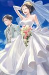  1girl bare_shoulders bouquet bridal_veil couple dress elbow_gloves flower formal glasses gloves hange_zoe hetero levi_(shingeki_no_kyojin) long_hair rinda shingeki_no_kyojin short_hair smile suit veil wedding_dress 