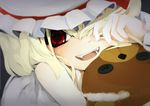  flandre_scarlet hair_over_one_eye hat j23 red_eyes short_hair solo stuffed_animal stuffed_toy teddy_bear teeth touhou 