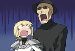  1girl armor azumanga_daiou bad_id bad_pixiv_id blonde_hair blue_background bob_cut clare_(claymore) claymore claymore_(sword) eriance hat kaori_(azumanga_daiou) kimura looking_at_another open_mouth parody pauldrons rubel shocked_eyes short_hair style_parody sunglasses sword turtleneck upper_body weapon 