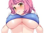  1girl blush breasts covered_nipples embarrassed erect_nipples highres huge_breasts looking_down no_bra pink_hair saboten sabotencc short_hair simple_background solo standing underboob yellow_eyes 