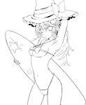  arm_up armpits bare_shoulders bikini breasts greyscale hat highres kirisame_marisa lineart long_hair medium_breasts monochrome navel slender solo surfboard swimsuit touhou tp65pxu4 witch_hat 