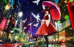  bad_id bad_pixiv_id bird black_hair cityscape dress flower gothic_lolita hat highres lolita_fashion long_hair original road rose street tokyo_sky_tree tower umbrella wayne_chan 