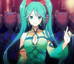  aqua_eyes aqua_hair china_dress chinese_clothes cleavage_cutout detached_sleeves dress hatsune_miku headset long_hair project_diva_(series) project_diva_f smile solo suigyoku_(module) tayoko twintails vocaloid world's_end_dancehall_(vocaloid) 