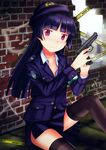  black_hair blush edogawakid gokou_ruri gun highres long_hair mole mole_under_eye ore_no_imouto_ga_konna_ni_kawaii_wake_ga_nai pink_eyes police police_uniform thighhighs uniform weapon 