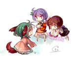  animal_ears bad_id bad_pixiv_id biwa_lute blush brown_eyes brown_hair chibi cis_(carcharias) dress flower green_eyes green_hair hair_flower hair_ornament hairband instrument kasodani_kyouko long_hair lute_(instrument) multiple_girls musical_note purple_eyes purple_hair short_hair skirt smile tail touhou tsukumo_benben tsukumo_yatsuhashi twintails 