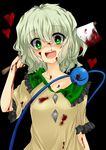  :d axe bad_id bad_pixiv_id blood blood_on_face collared_shirt frilled_shirt frilled_sleeves frills green_eyes green_hair hatchet heart highres komeiji_koishi koyashaka messy_hair no_hat no_headwear open_mouth over_shoulder shirt short_sleeves smile solo third_eye touhou upper_body weapon weapon_over_shoulder yandere 