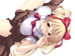  1girl blonde_hair blush breasts brown_eyes covered_nipples erect_nipples glasses hair_ribbon highres large_breasts legs long_hair looking_at_viewer lying open_mouth ribbon saboten sabotencc school_uniform simple_background skirt spread_legs thighs 