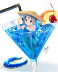  barefoot blue_eyes blue_hair blush cherry cocktail cocktail_glass cup dress drink drinking_glass drinking_straw food fruit glass gleision_adain hair_ornament hairclip hand_on_headwear hat in_container in_cup lemon lemon_slice looking_at_viewer mahou_shoujo_madoka_magica miki_sayaka minigirl signature smile solo soul_gem sun_hat white_background 