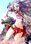  aoi_rando blush breasts groin jun'you_(kantai_collection) kantai_collection long_hair medium_breasts navel open_mouth purple_eyes purple_hair skirt smile solo torn_clothes underboob 